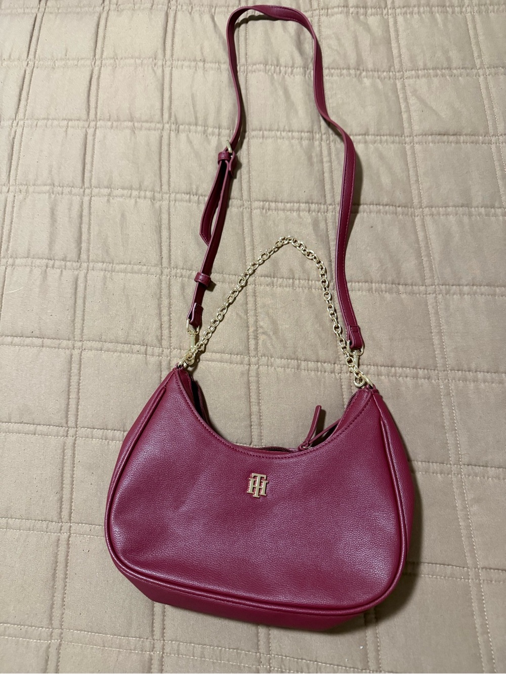 Tommy Hilfiger Wine Red Convertible Shoulder Bag with Gold Hardware